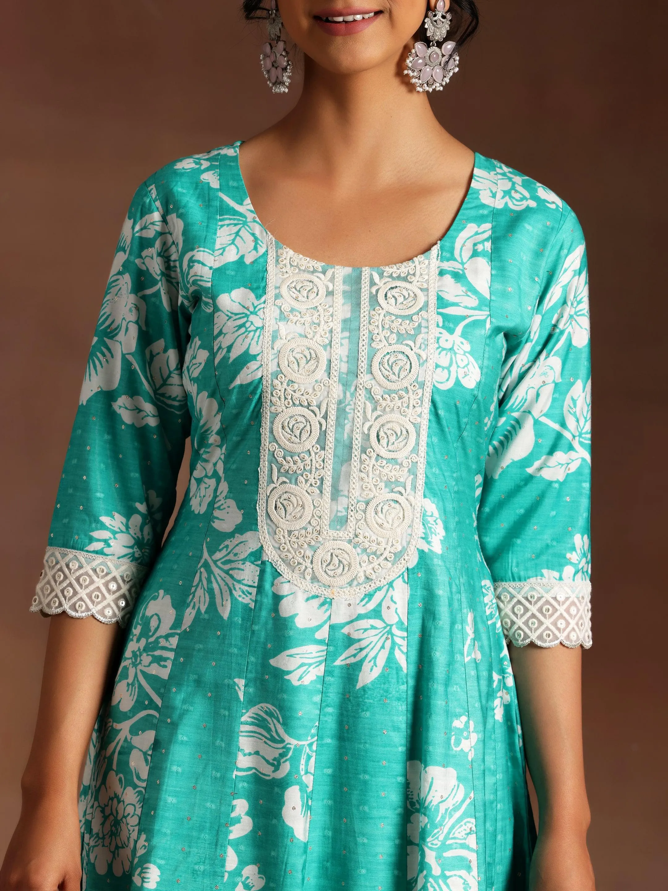 Abidaah Green Printed Silk Blend A-Line Kurta With Trousers & Dupatta