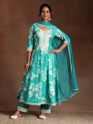 Abidaah Green Printed Silk Blend A-Line Kurta With Trousers & Dupatta