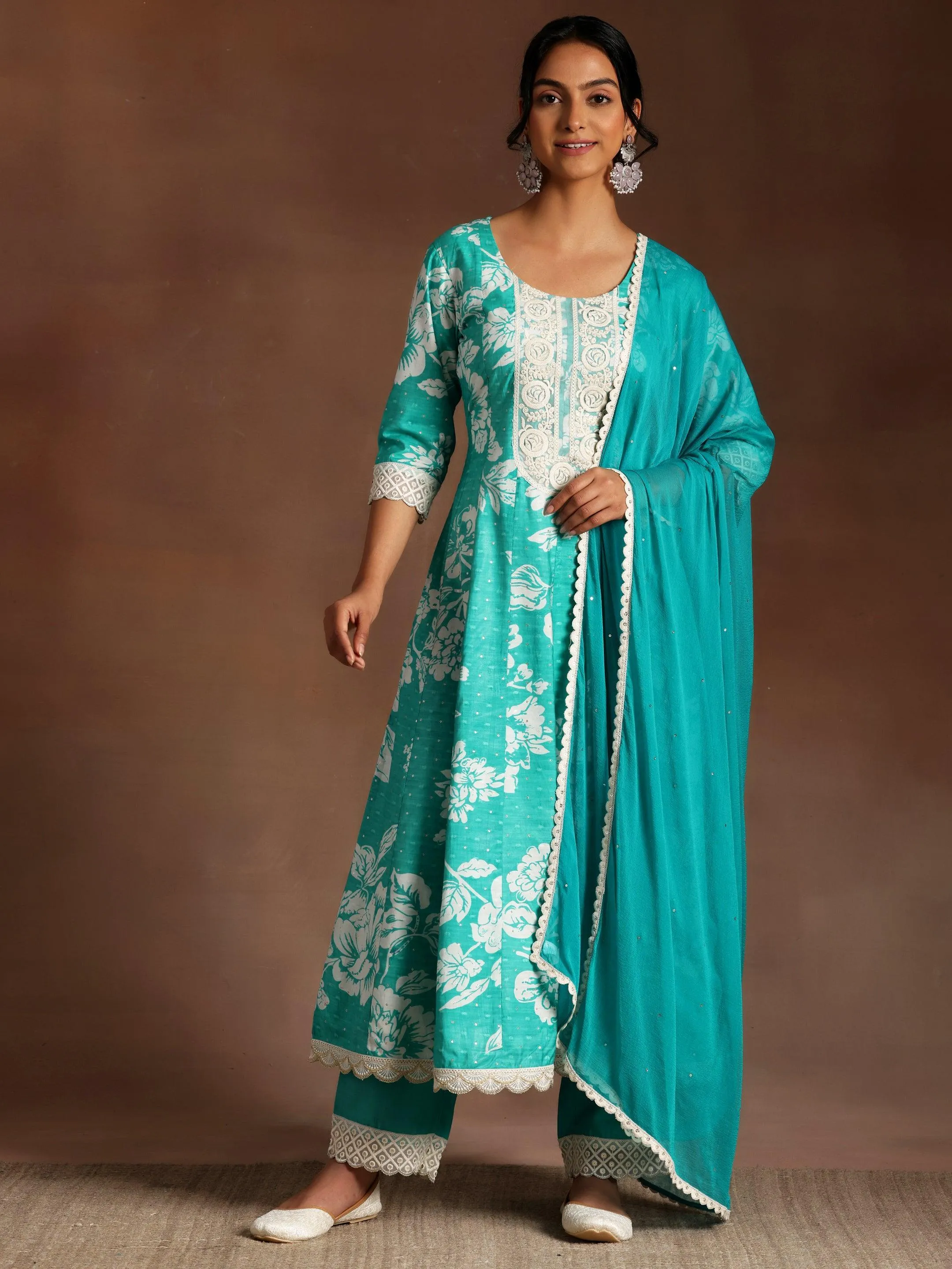 Abidaah Green Printed Silk Blend A-Line Kurta With Trousers & Dupatta