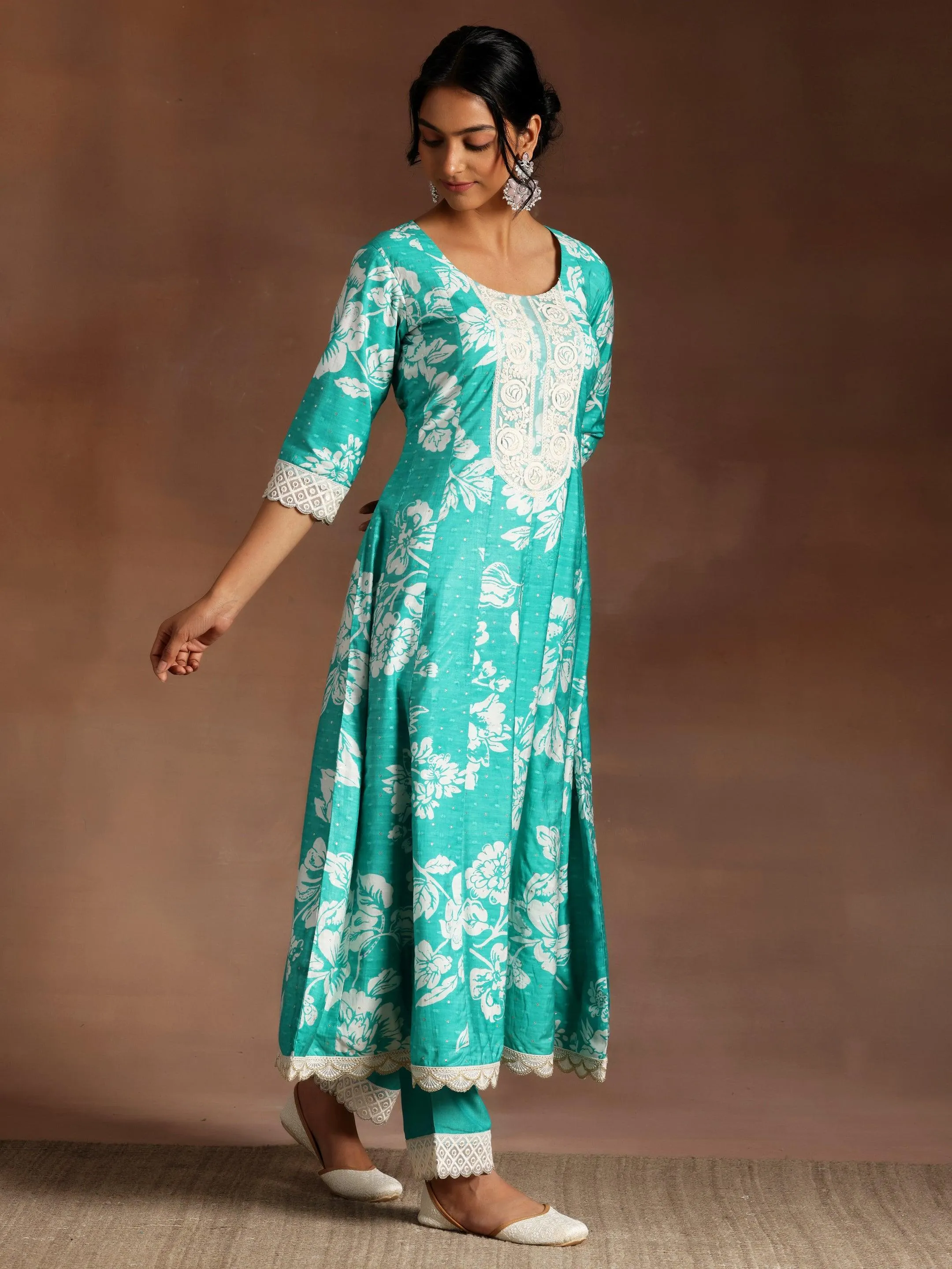 Abidaah Green Printed Silk Blend A-Line Kurta With Trousers & Dupatta