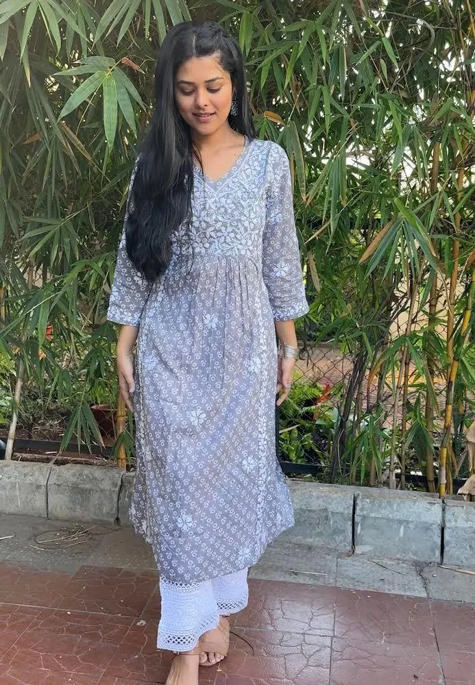 Aishwarya in Noor Mul Printed Hand Embroidery Chikankari Kurta- Grey