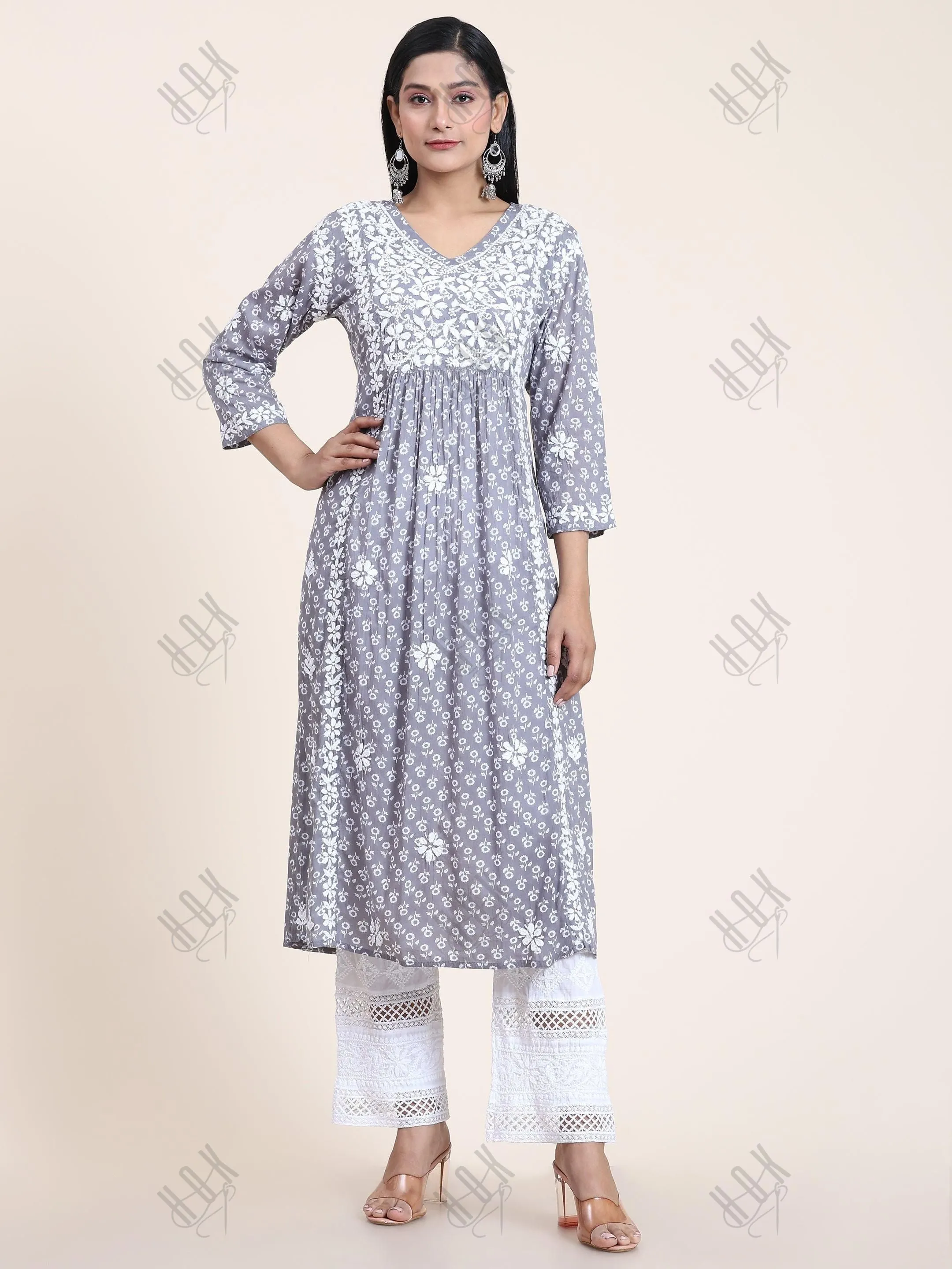 Aishwarya in Noor Mul Printed Hand Embroidery Chikankari Kurta- Grey