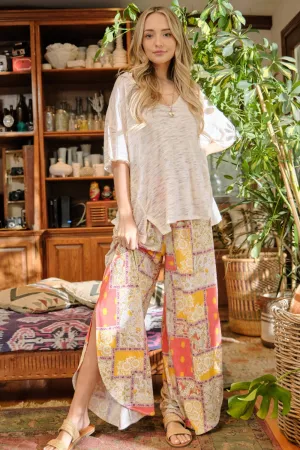 And The Why Printed Smocking Waist Side Slit Wide Leg Pants