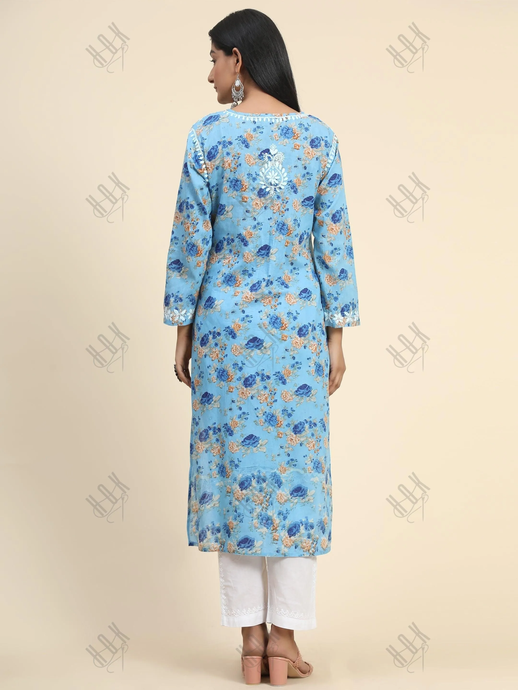 Aruneet in Samma Mul Printed  Hand Embroidery Chikankari Kurta- Blue