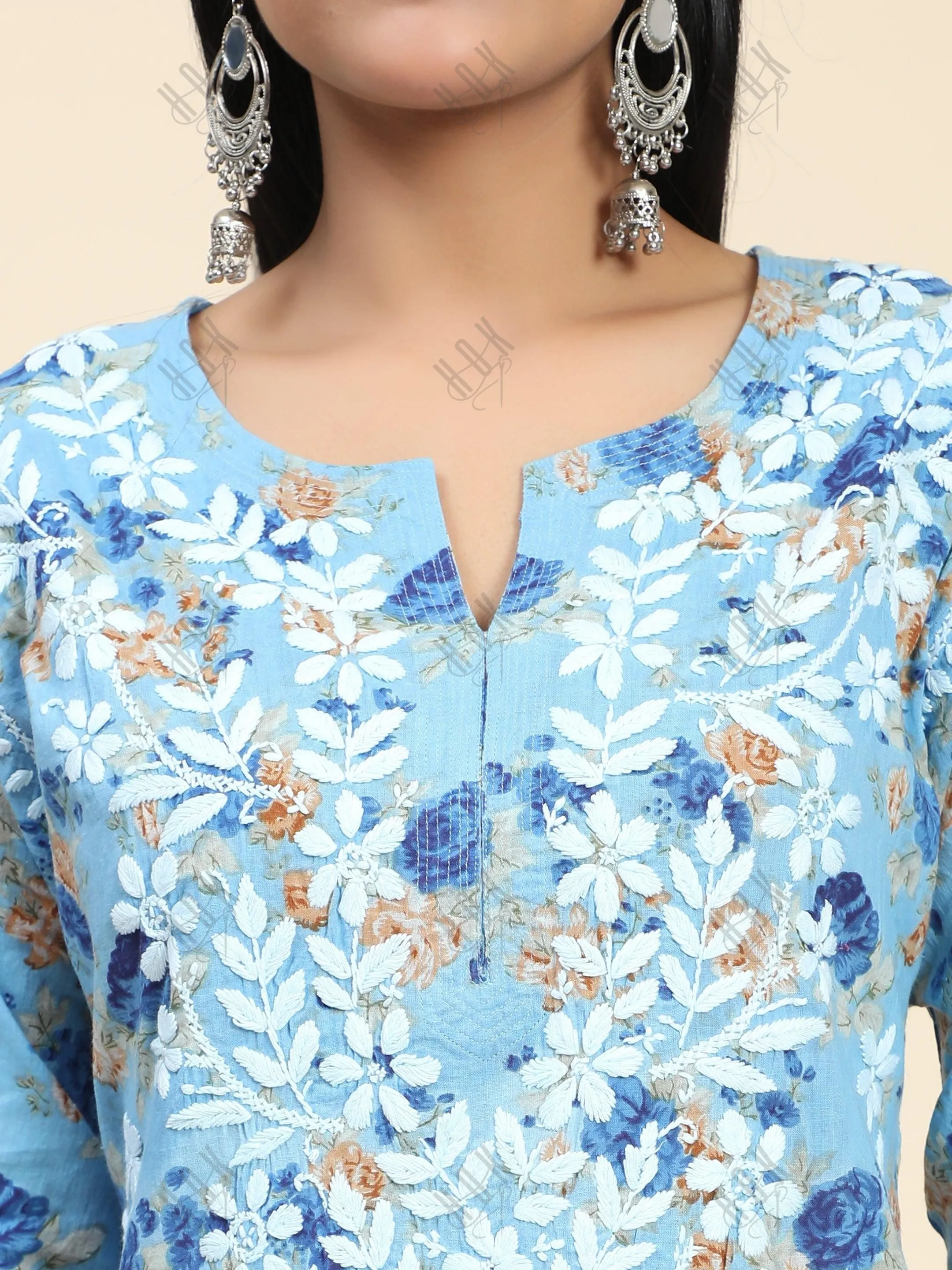 Aruneet in Samma Mul Printed  Hand Embroidery Chikankari Kurta- Blue