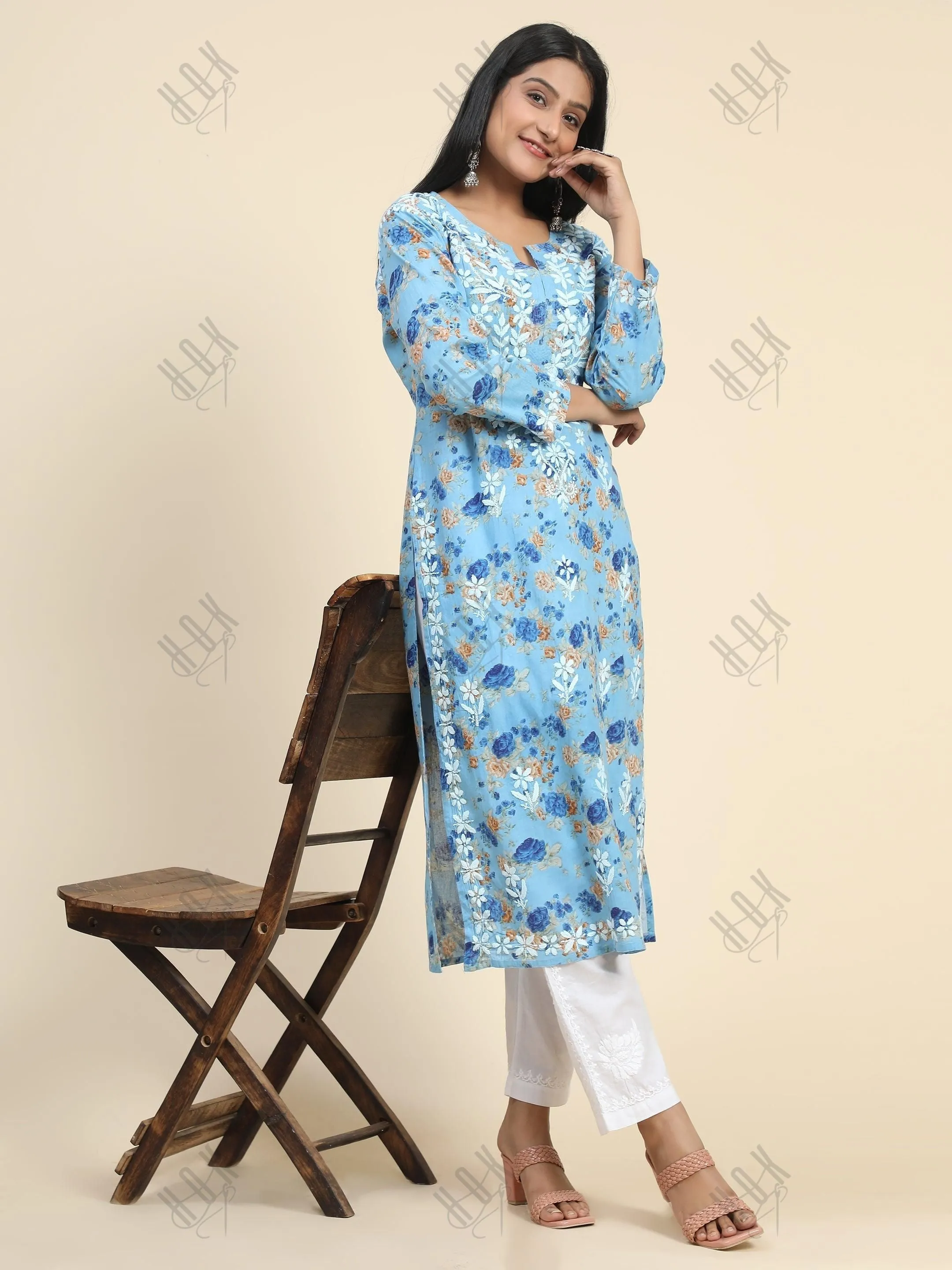 Aruneet in Samma Mul Printed  Hand Embroidery Chikankari Kurta- Blue