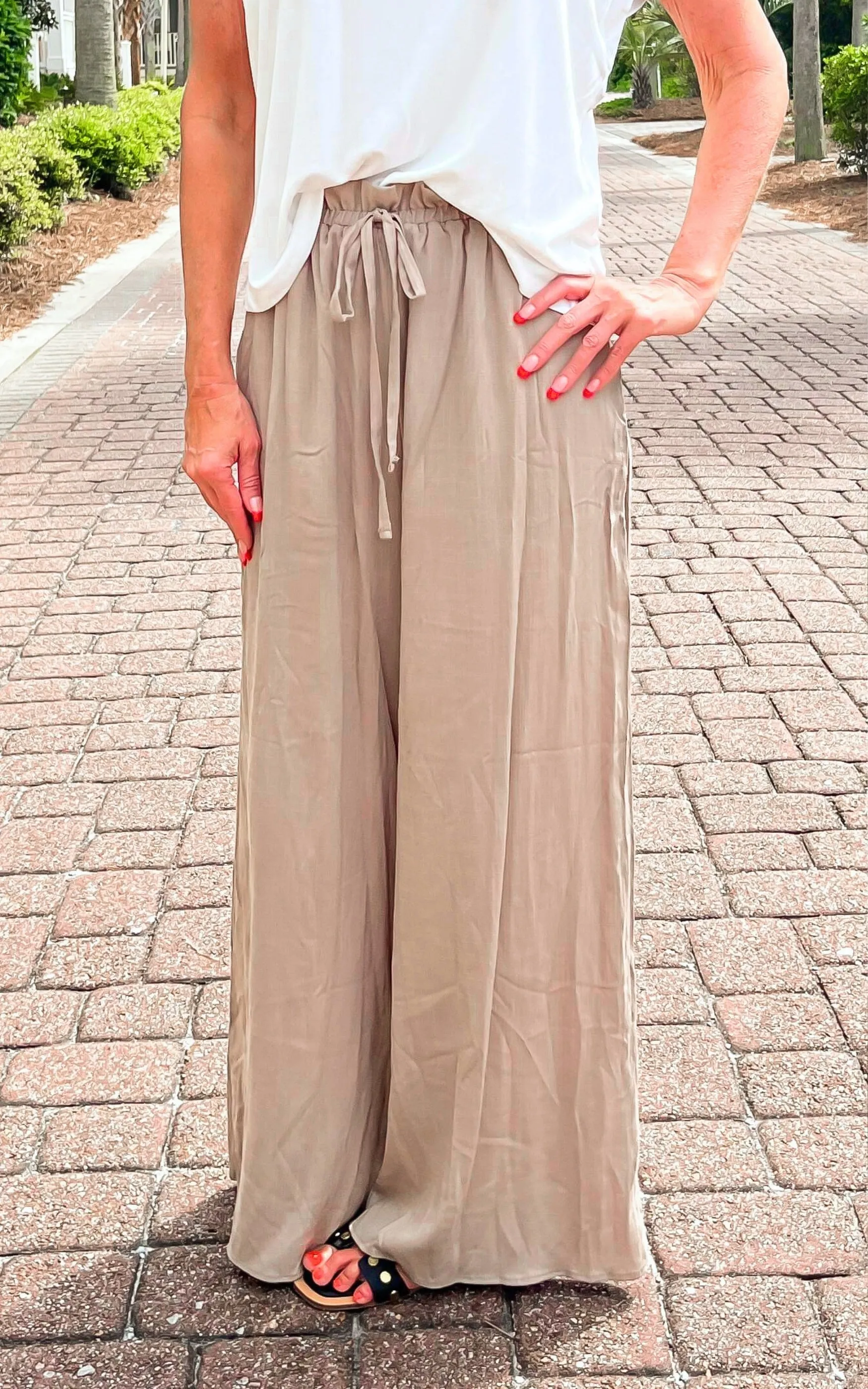 Beach Vacation Shirring Detail Wide Pants - Final Sale