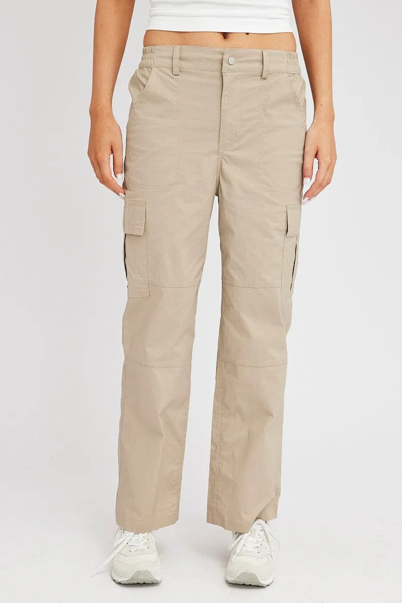 Beige Cargo Pants Mid Rise