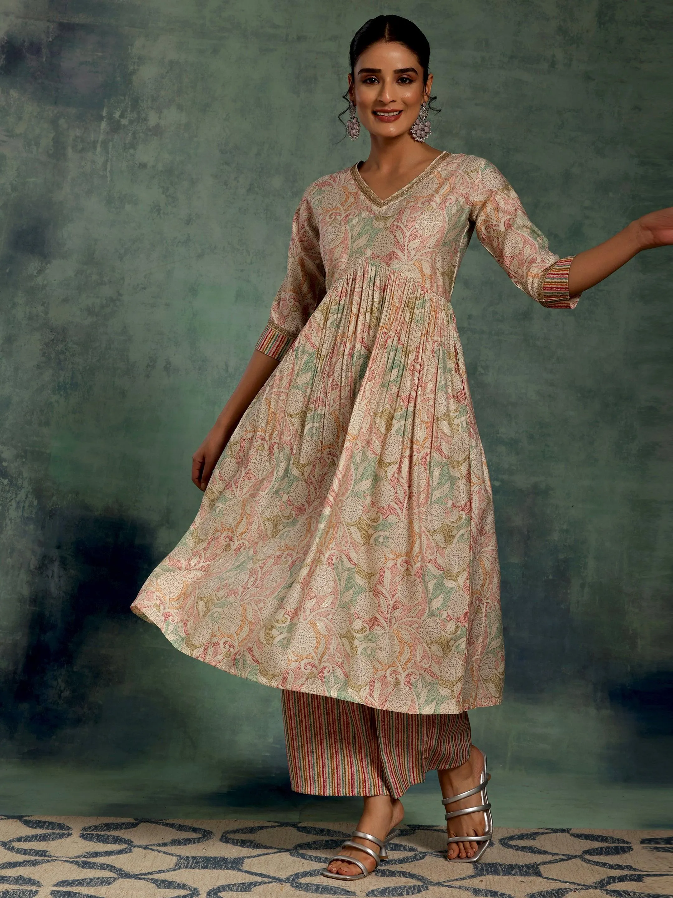 Beige Printed Silk Blend Anarkali Kurta Set