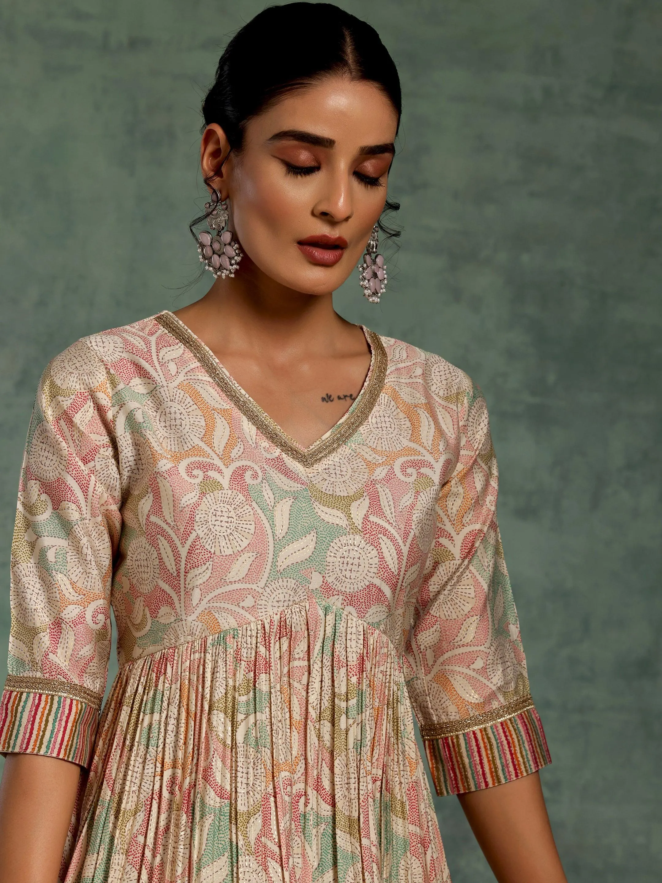 Beige Printed Silk Blend Anarkali Kurta Set