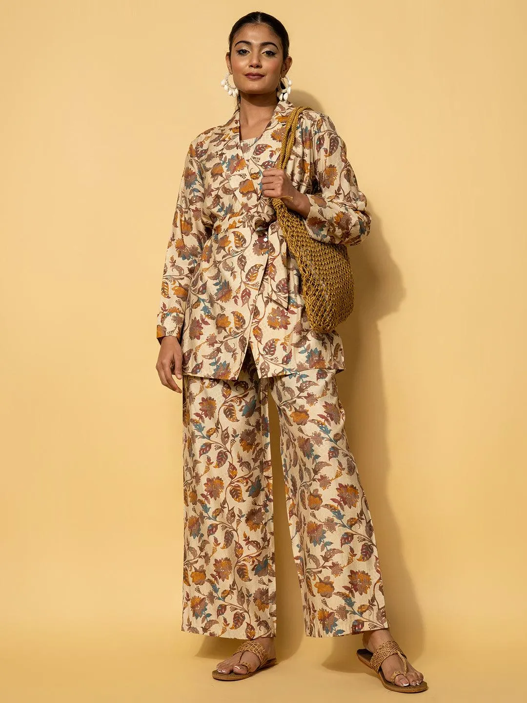 Beige Printed Silk Blend Co-Ords