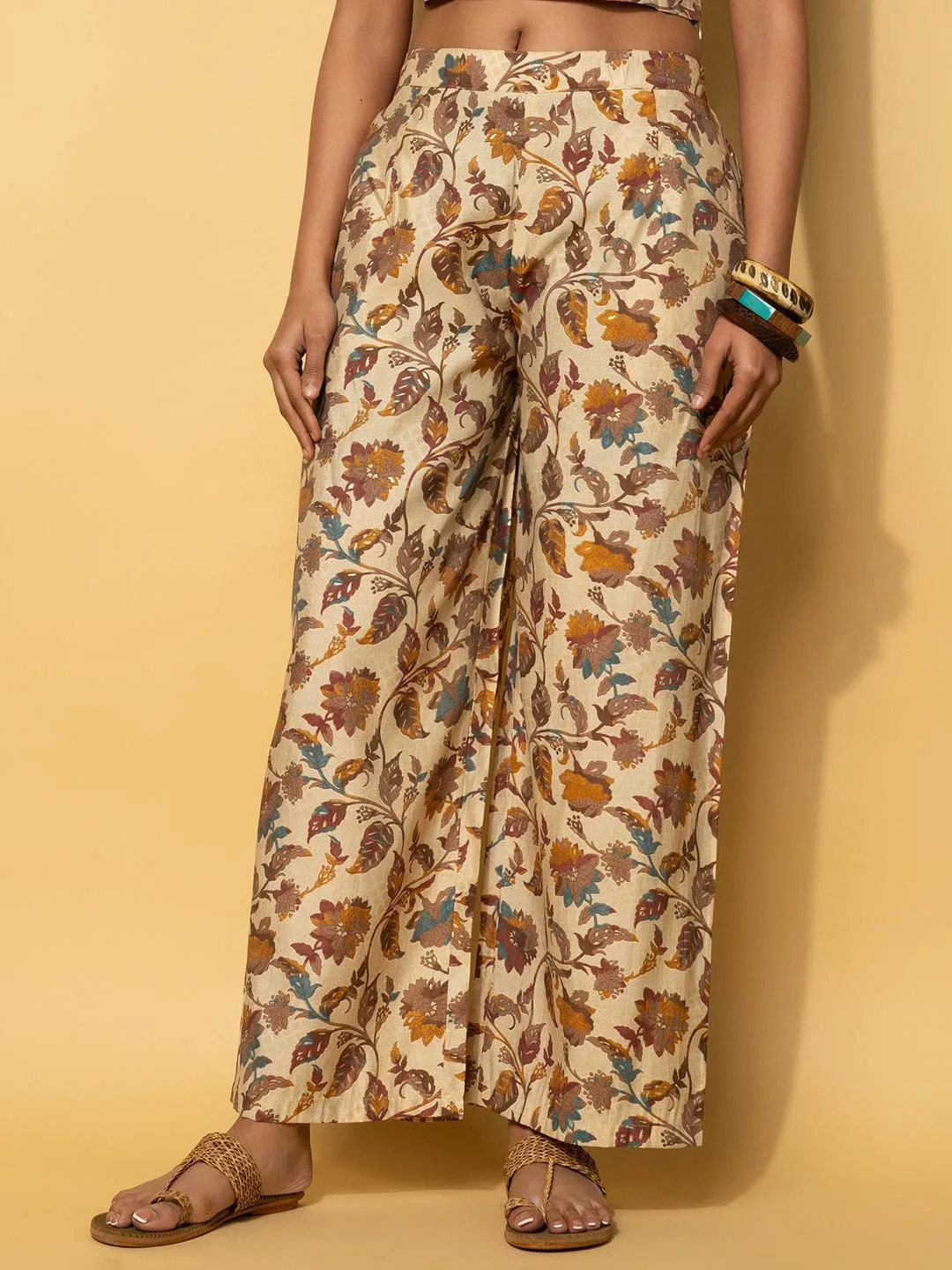 Beige Printed Silk Blend Co-Ords