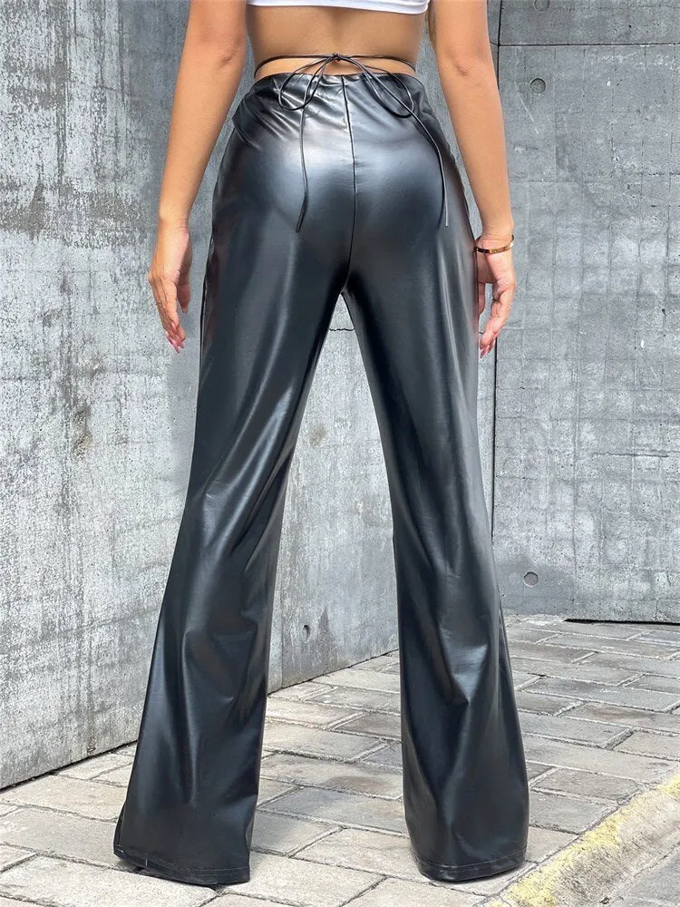 BerriesJam - 2024 Y2K Faux Leather Bandage High Waist Flare Pants