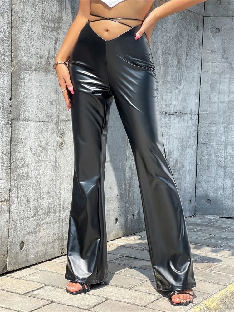 BerriesJam - 2024 Y2K Faux Leather Bandage High Waist Flare Pants