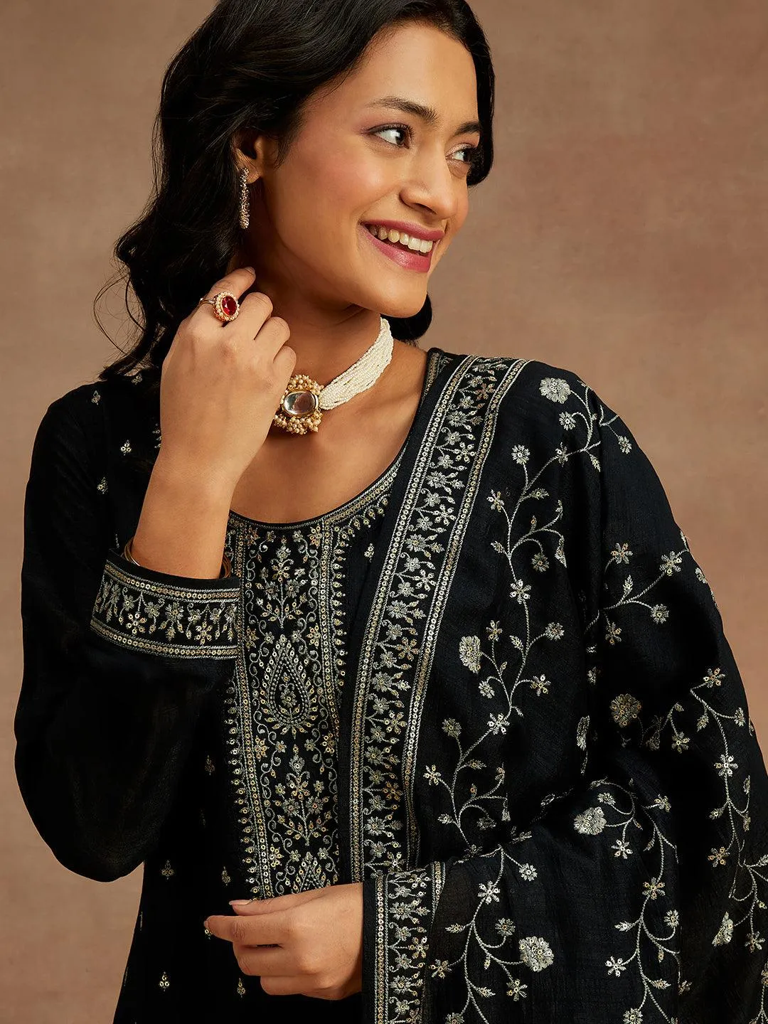 Black Embroidered Silk Blend Straight Suit With Dupatta