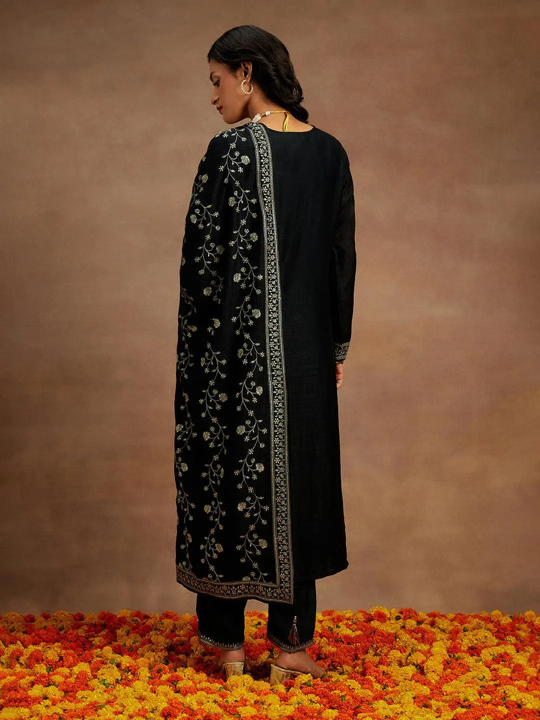 Black Embroidered Silk Blend Straight Suit With Dupatta