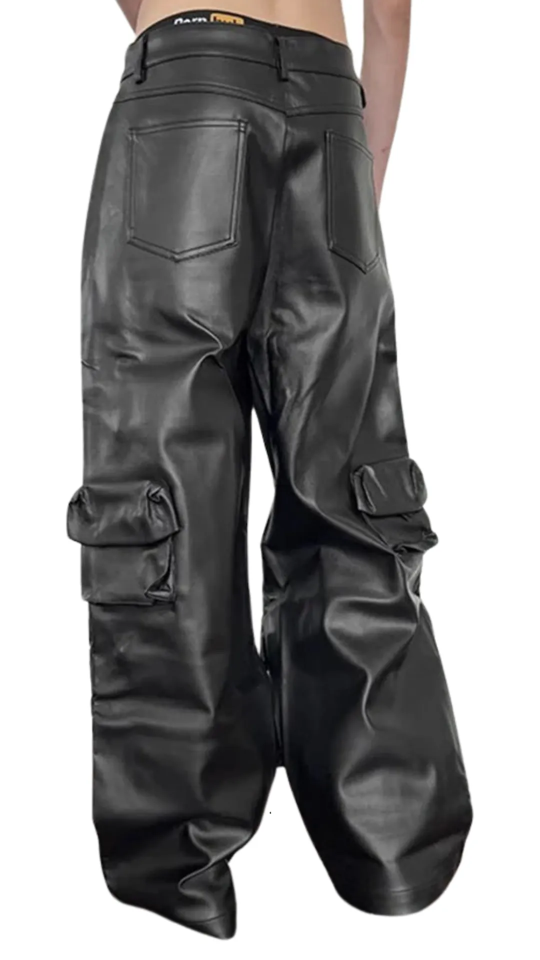 Black Leather Straight Cargo Pants