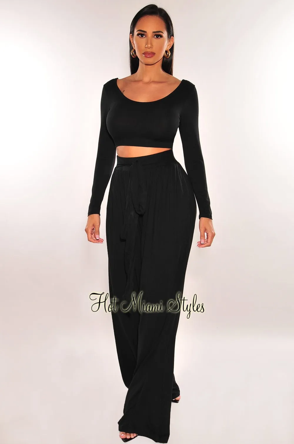 Black Round Neck Long Sleeve Palazzo Pant Two Piece Set