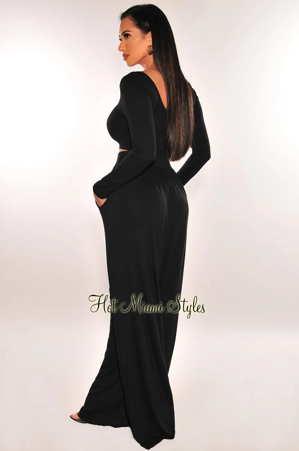 Black Round Neck Long Sleeve Palazzo Pant Two Piece Set