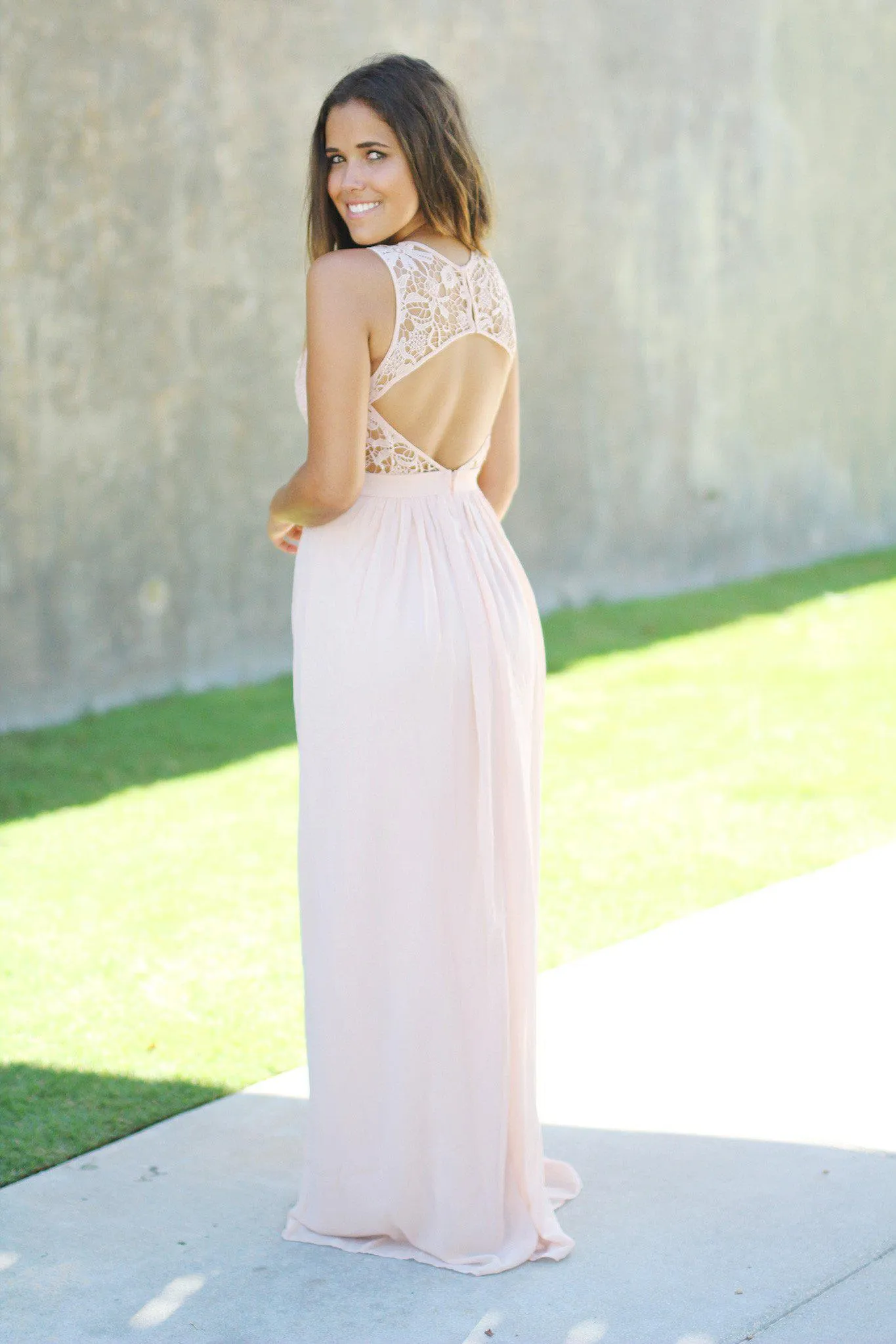 Blush Crochet Maxi Dress with Open Back