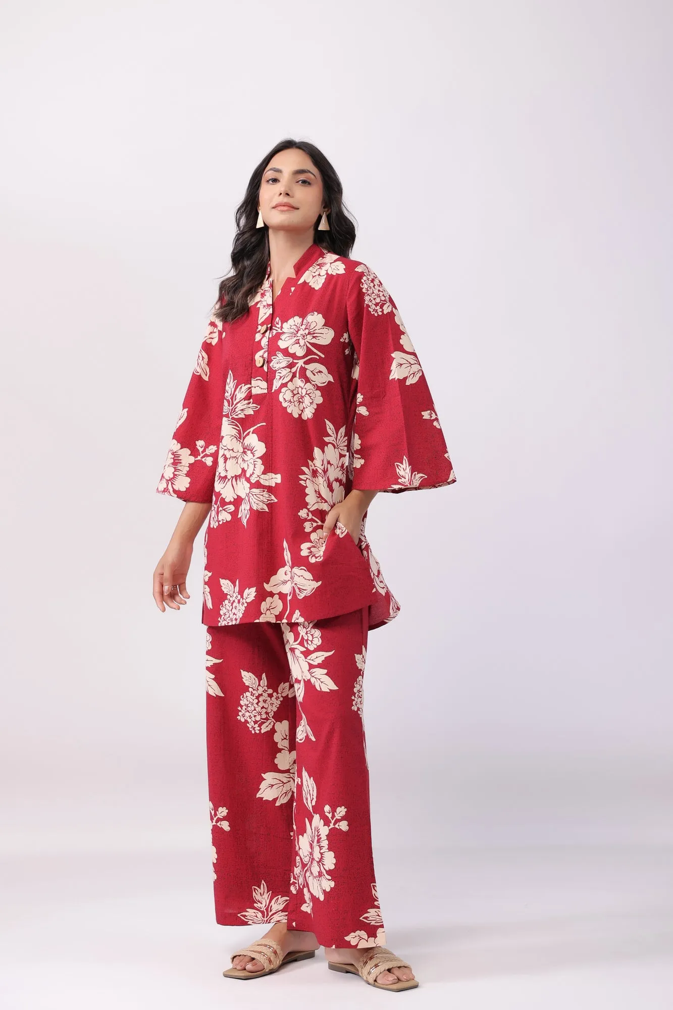 Bright Blossoming Maroon Cotton Co-ord Set