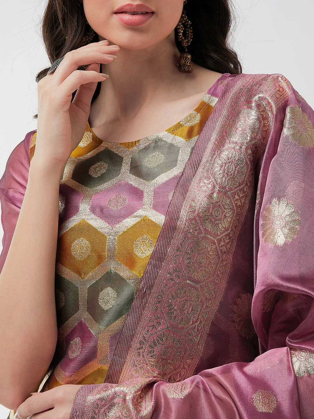 Brocade Jacquard Festive Kurta With Dupatta And Matching Pants