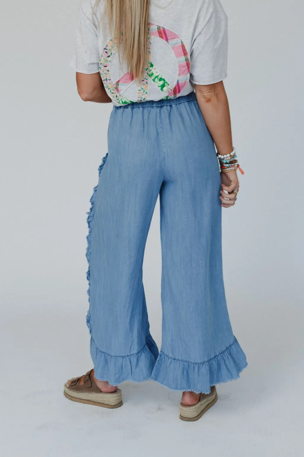 Drift Wave Ruffle Wide Leg Pants - Light Denim