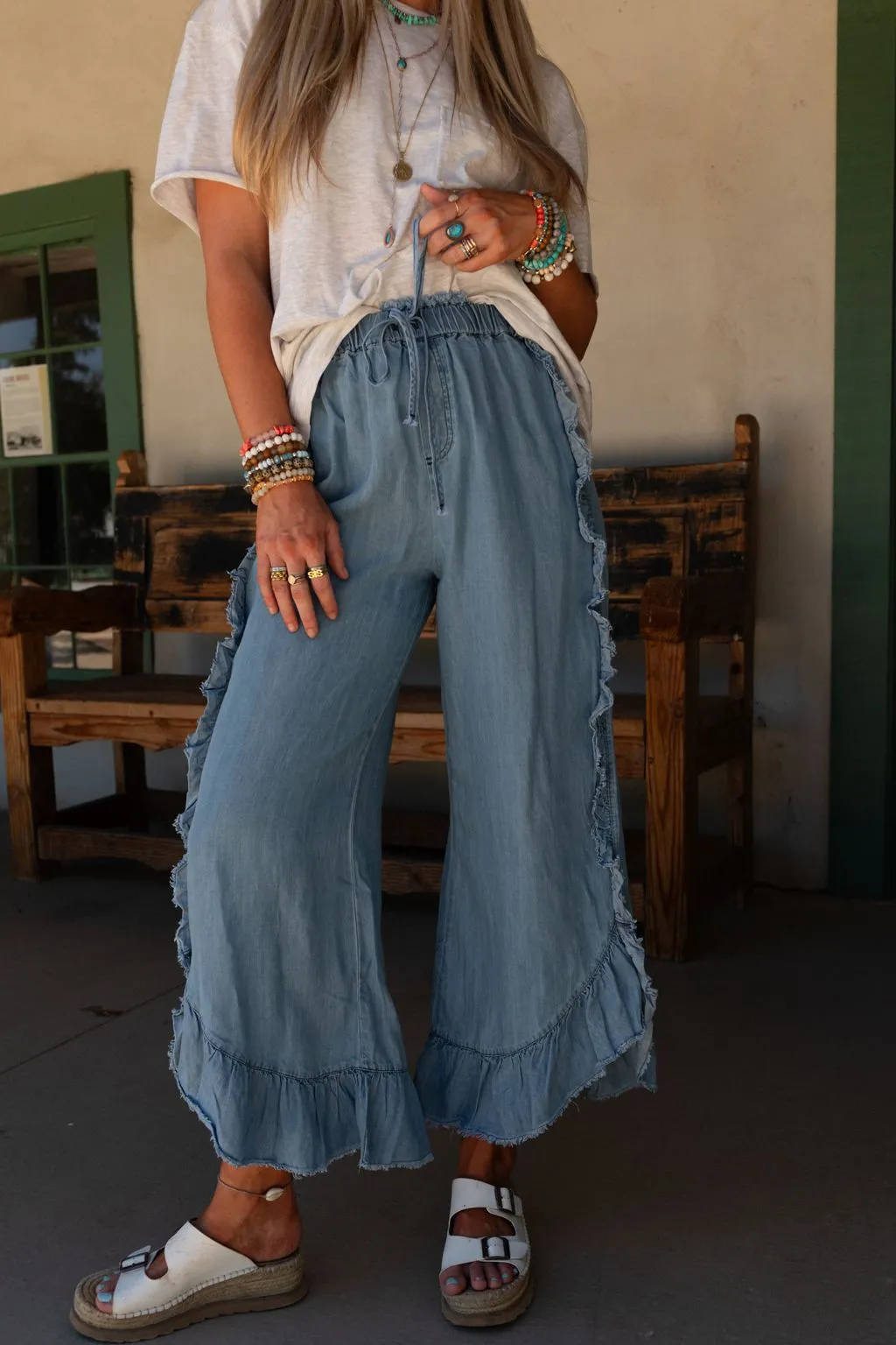 Drift Wave Ruffle Wide Leg Pants - Light Denim