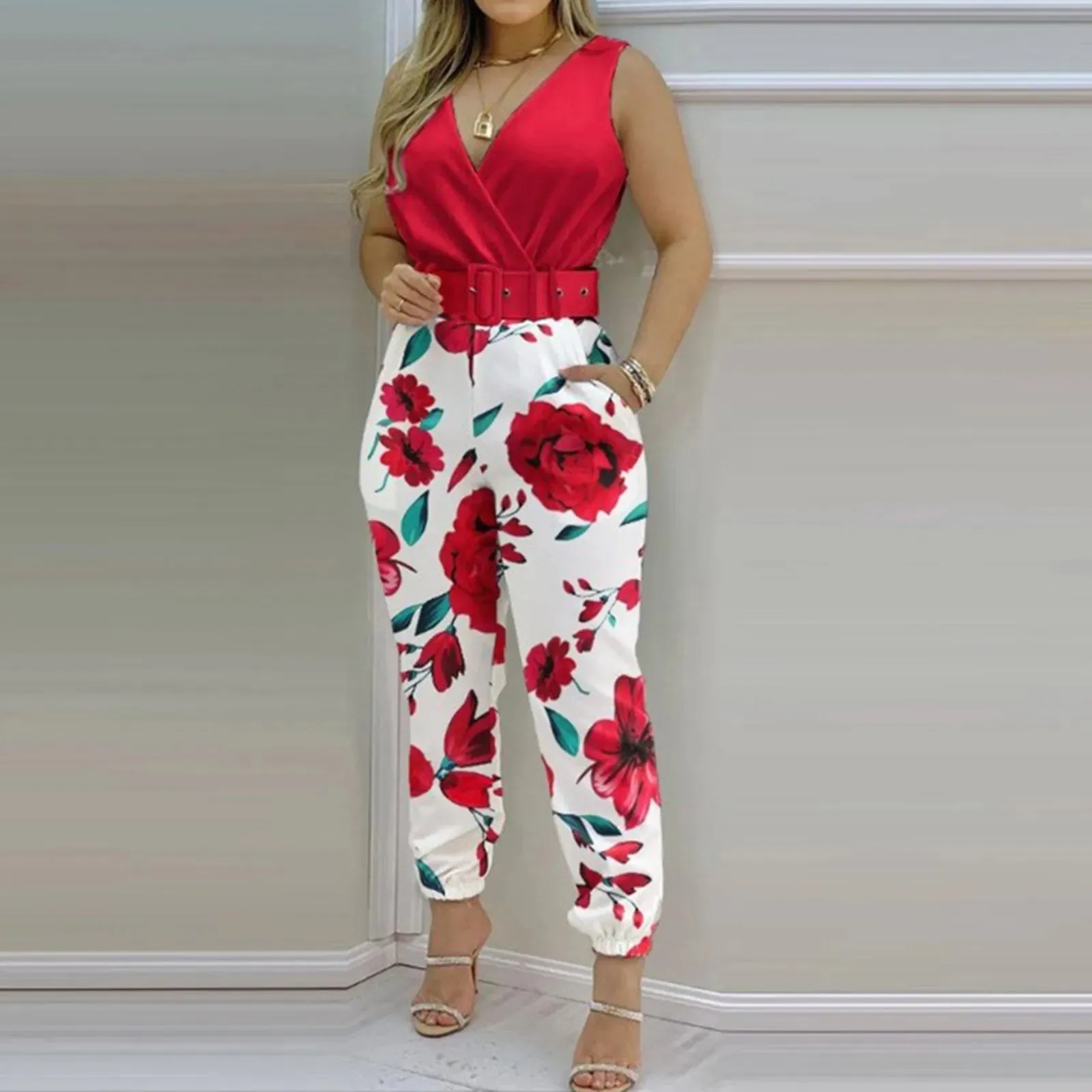 Elegant Sleeveless Floral Summer Casual Belted Bohemian Beach Chic Pants