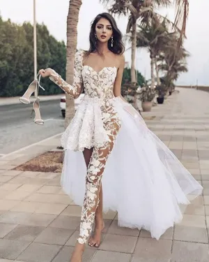 Elegant Wedding Dresses for Women Lace Appliques One Shoulder Overskirts Wedding Dress with Pants Robe De Mariée SWEETHEART