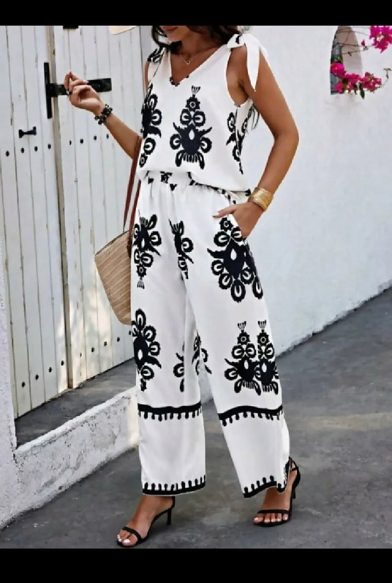 Fashion Beauty Style 7 Black & White 2 Pcs Set Boho Style Pants With Top