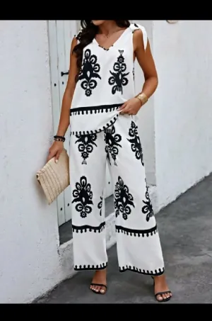 Fashion Beauty Style 7 Black & White 2 Pcs Set Boho Style Pants With Top