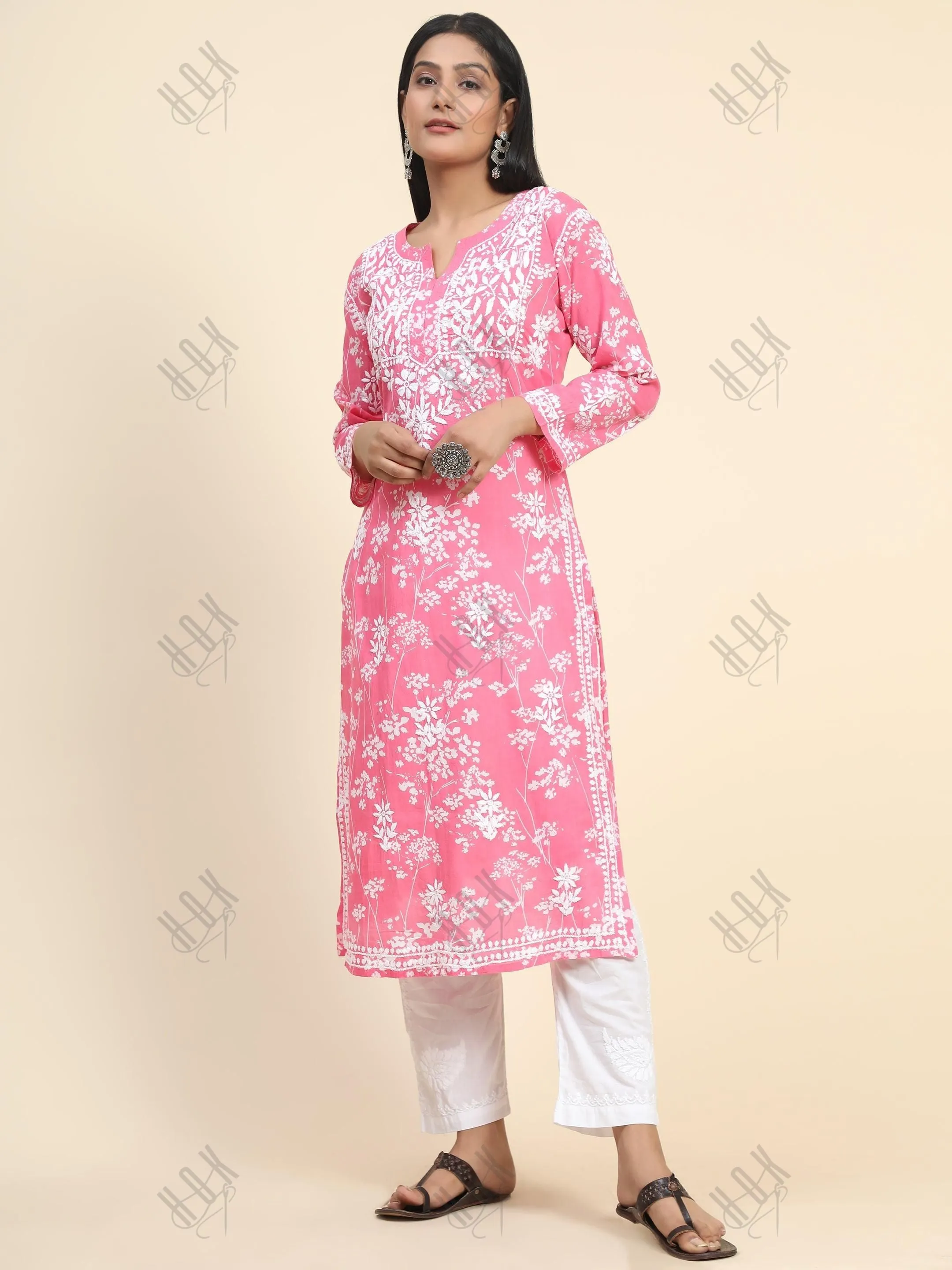 Fizaa Mul Printed  Hand Embroidery Chikankari Kurta- Hot Pink