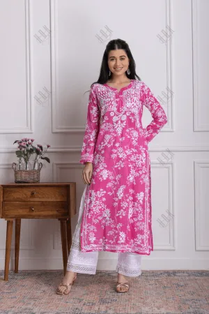 Fizaa Mul Printed  Hand Embroidery Chikankari Kurta- Hot Pink