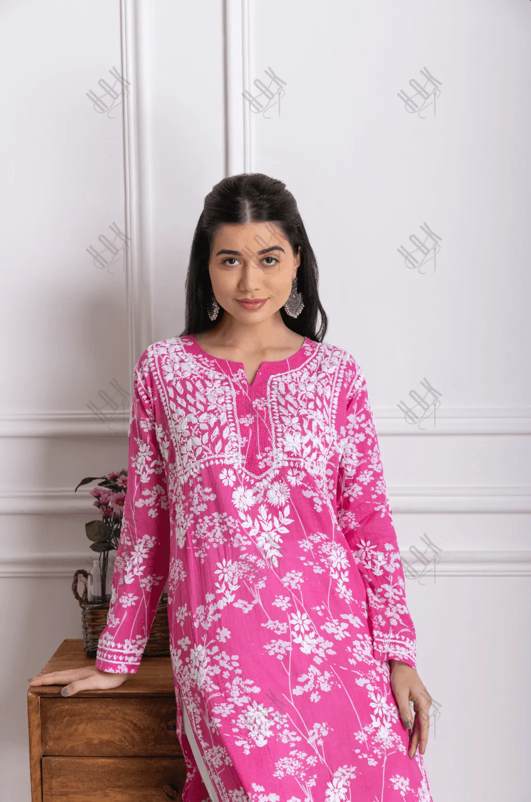 Fizaa Mul Printed  Hand Embroidery Chikankari Kurta- Hot Pink