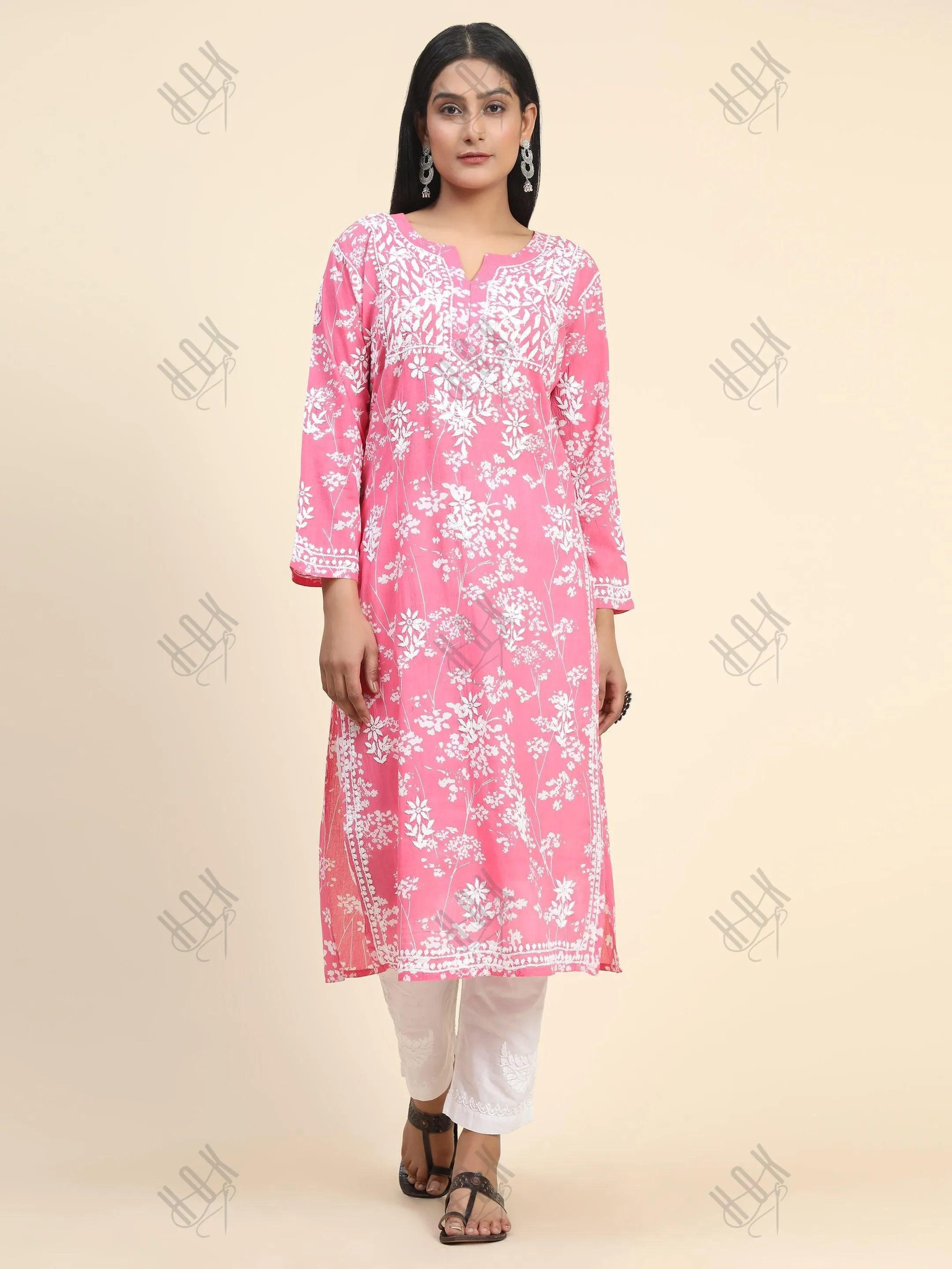 Fizaa Mul Printed  Hand Embroidery Chikankari Kurta- Hot Pink