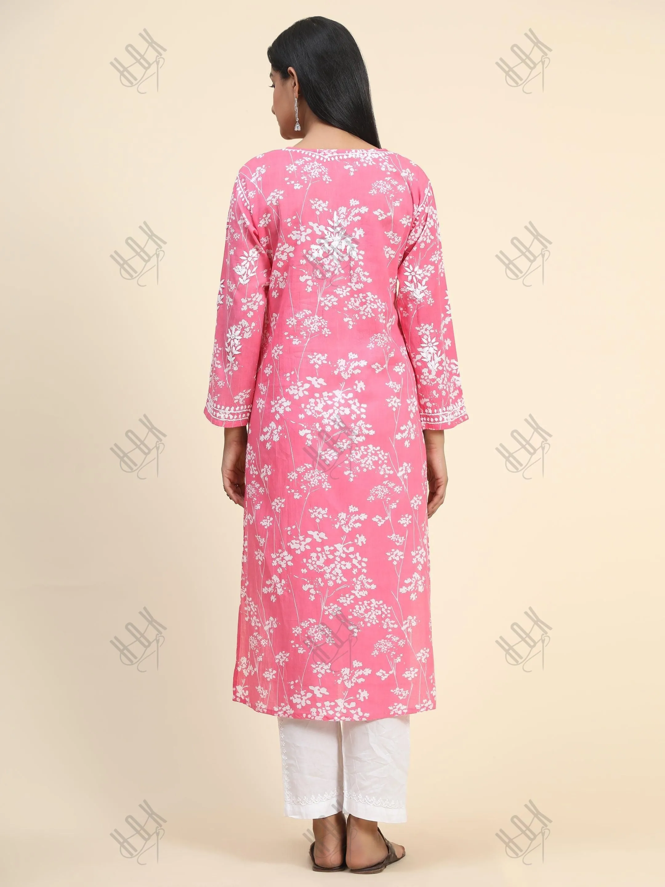 Fizaa Mul Printed  Hand Embroidery Chikankari Kurta- Hot Pink