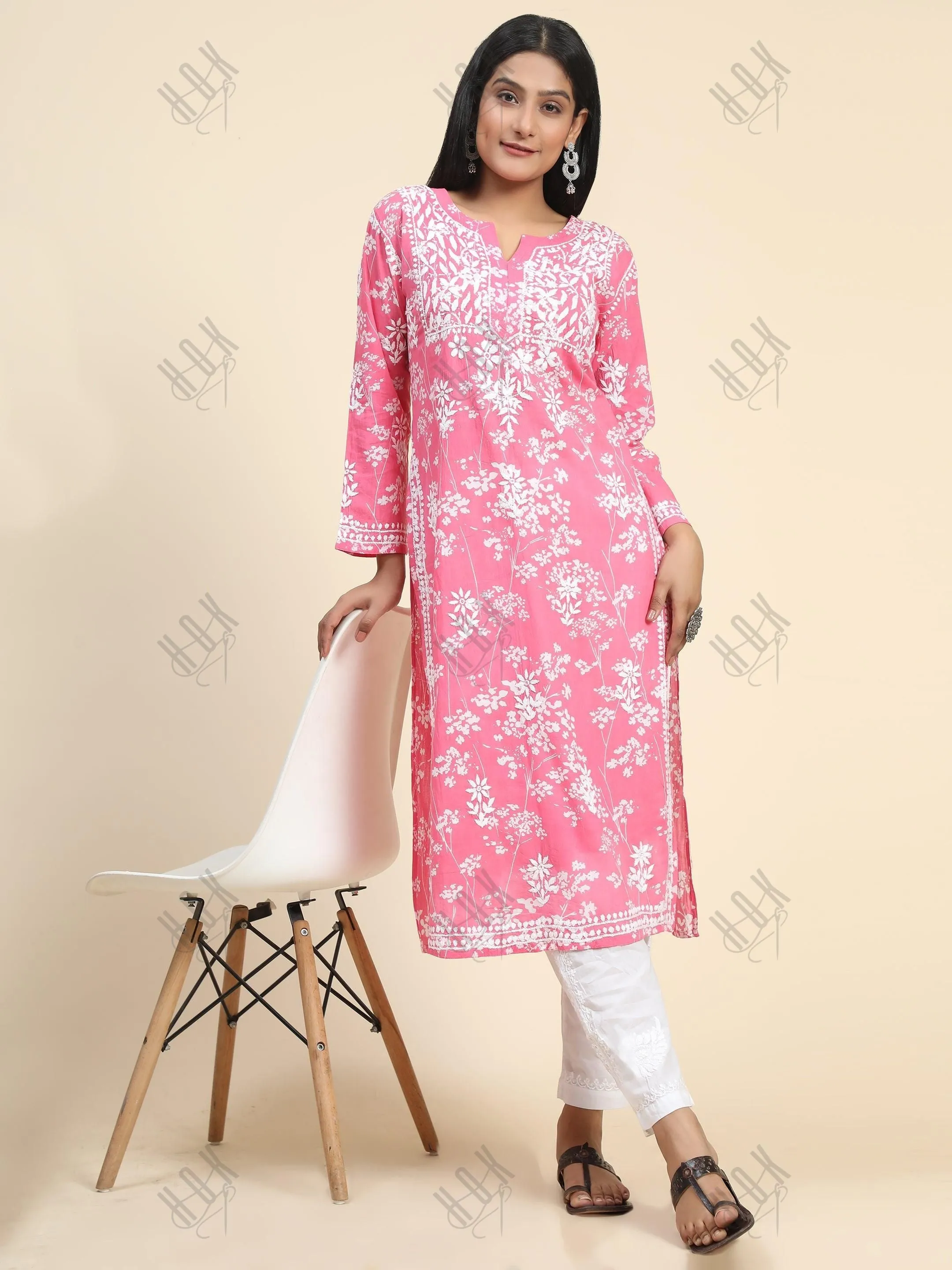 Fizaa Mul Printed  Hand Embroidery Chikankari Kurta- Hot Pink