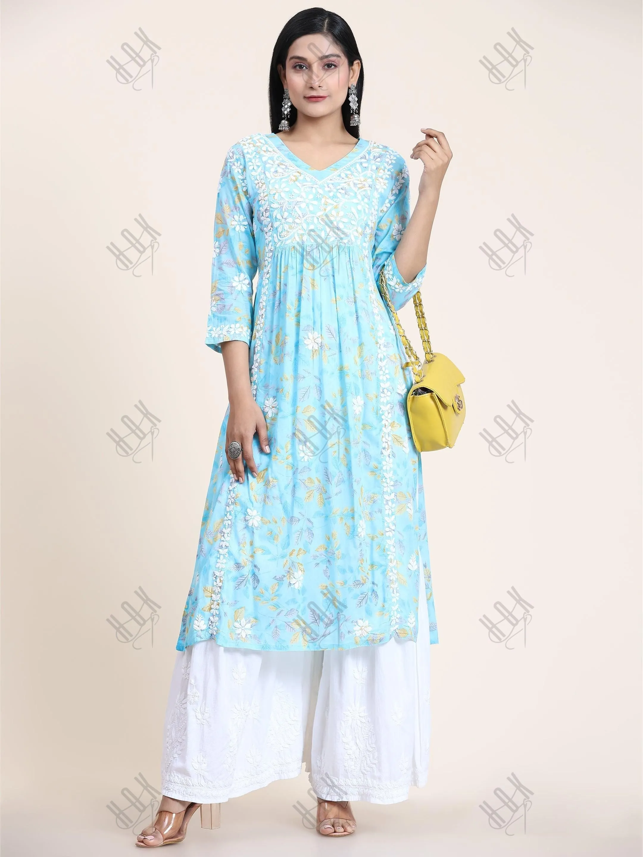 Fizaa Mul Printed  Hand Embroidery Chikankari Kurta- Light Blue