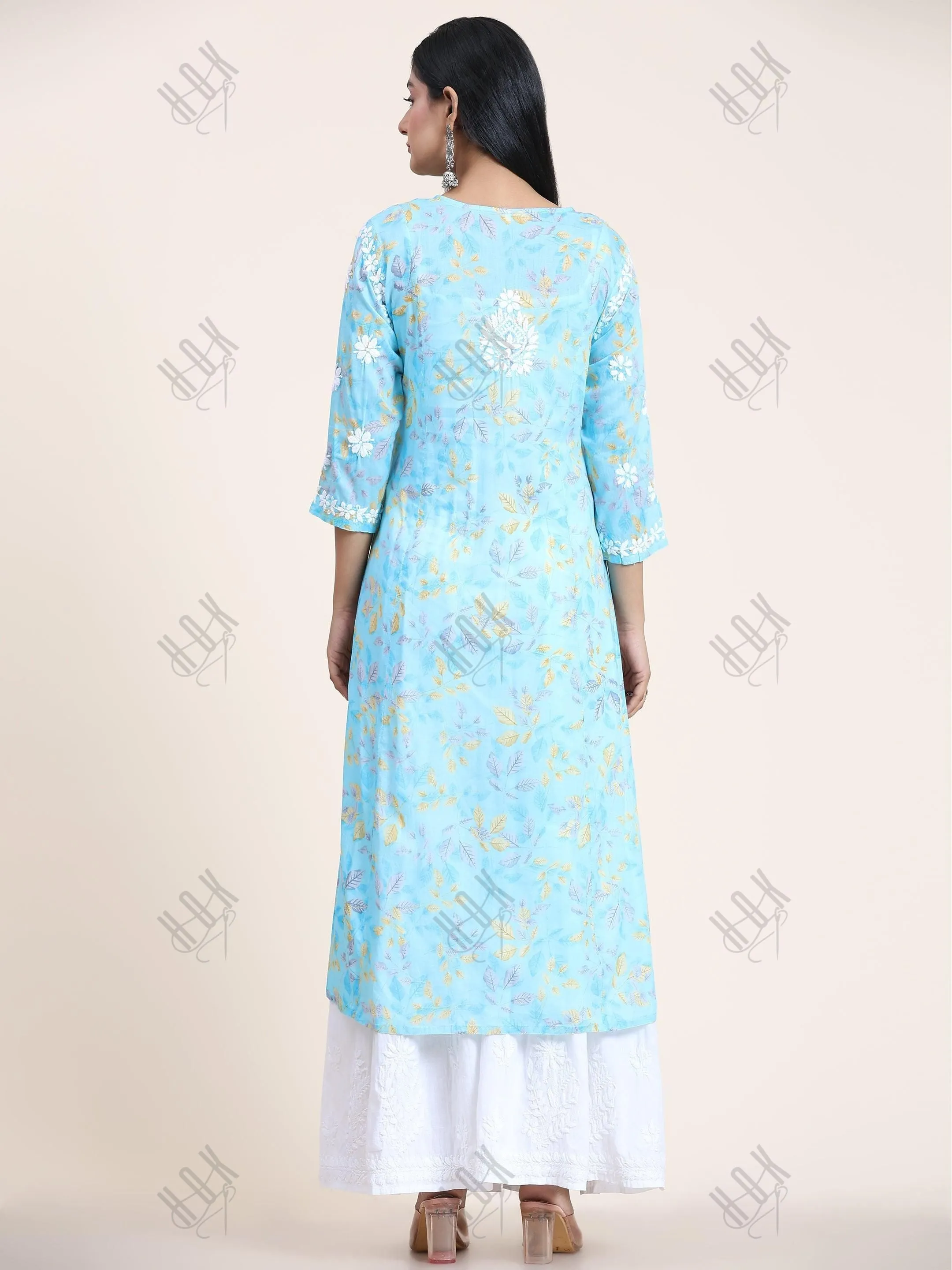 Fizaa Mul Printed  Hand Embroidery Chikankari Kurta- Light Blue