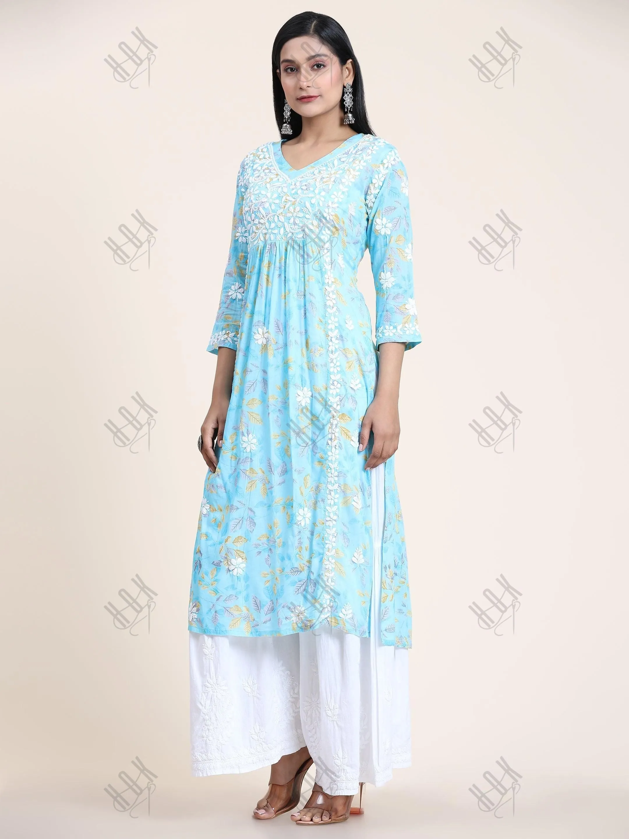 Fizaa Mul Printed  Hand Embroidery Chikankari Kurta- Light Blue