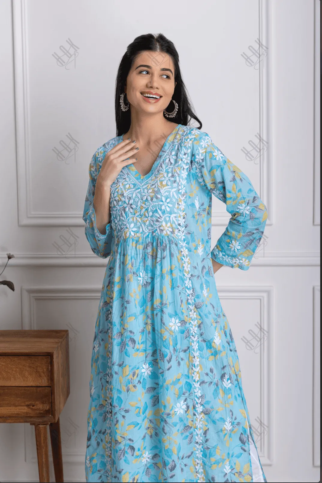 Fizaa Mul Printed  Hand Embroidery Chikankari Kurta- Light Blue