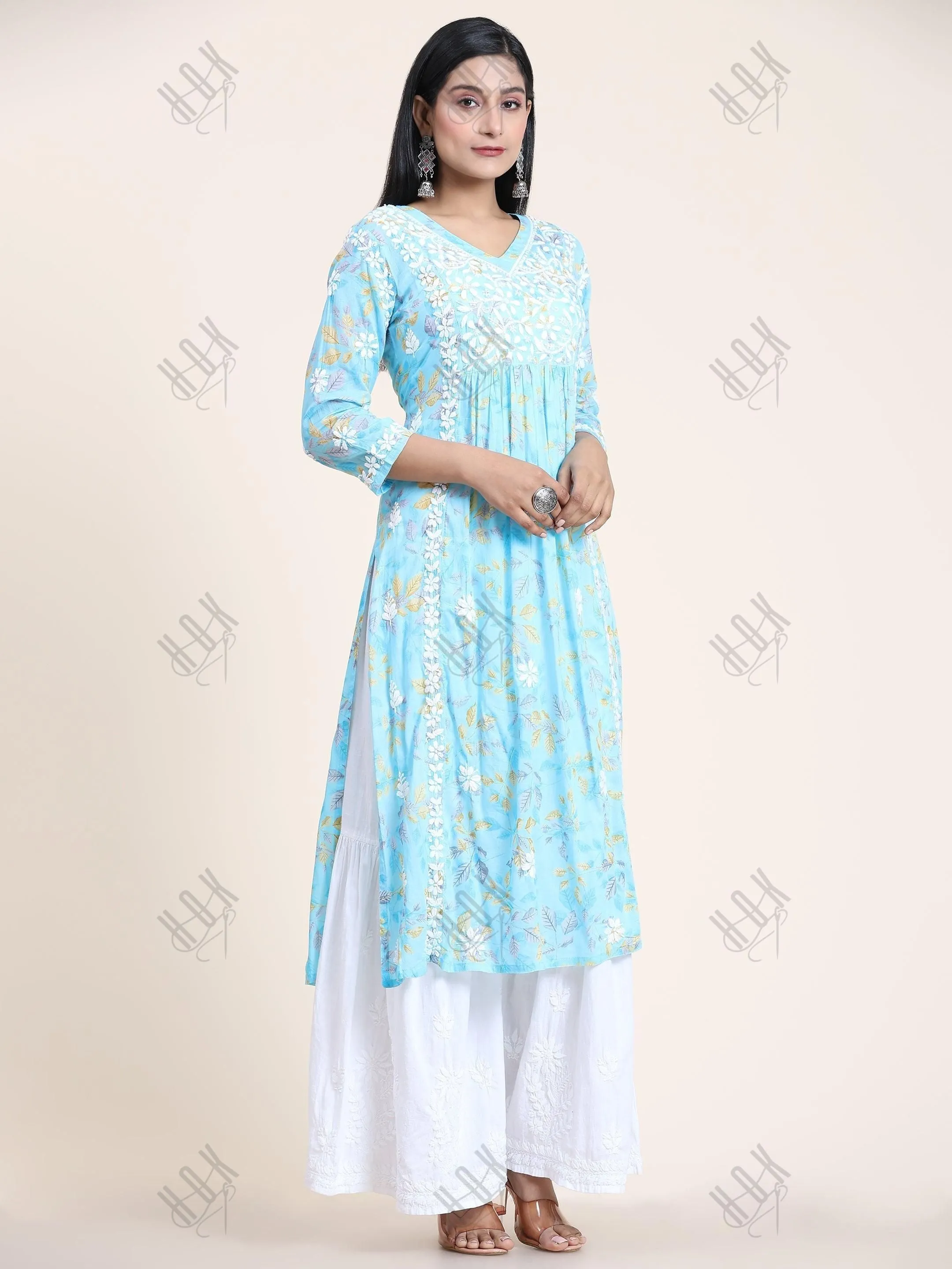 Fizaa Mul Printed  Hand Embroidery Chikankari Kurta- Light Blue