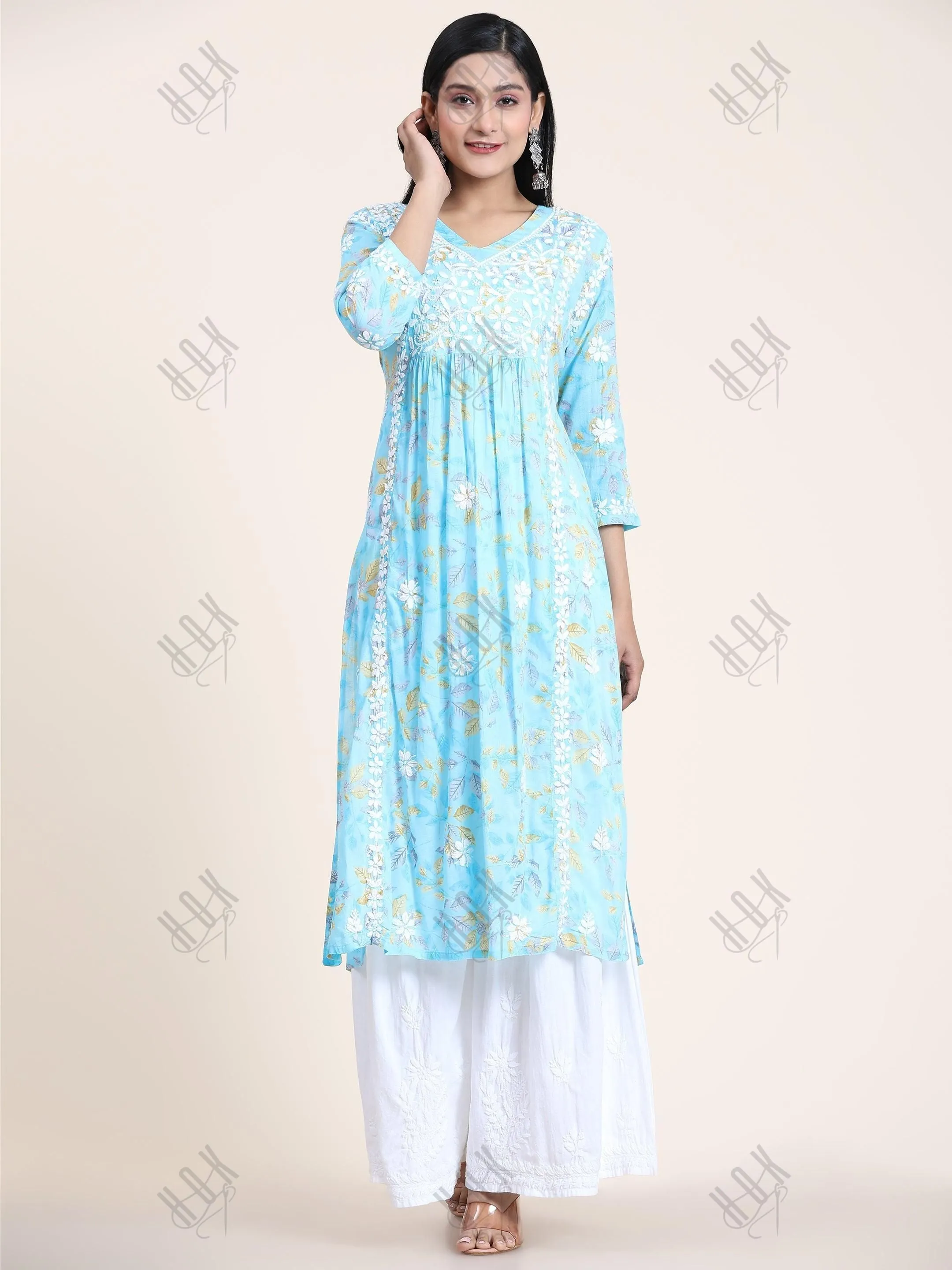 Fizaa Mul Printed  Hand Embroidery Chikankari Kurta- Light Blue