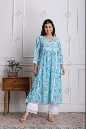 Fizaa Mul Printed  Hand Embroidery Chikankari Kurta- Light Blue