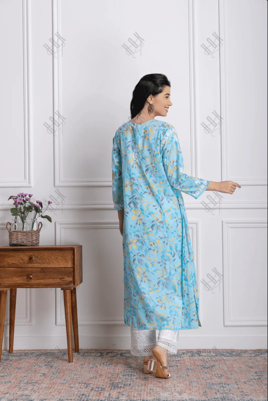 Fizaa Mul Printed  Hand Embroidery Chikankari Kurta- Light Blue