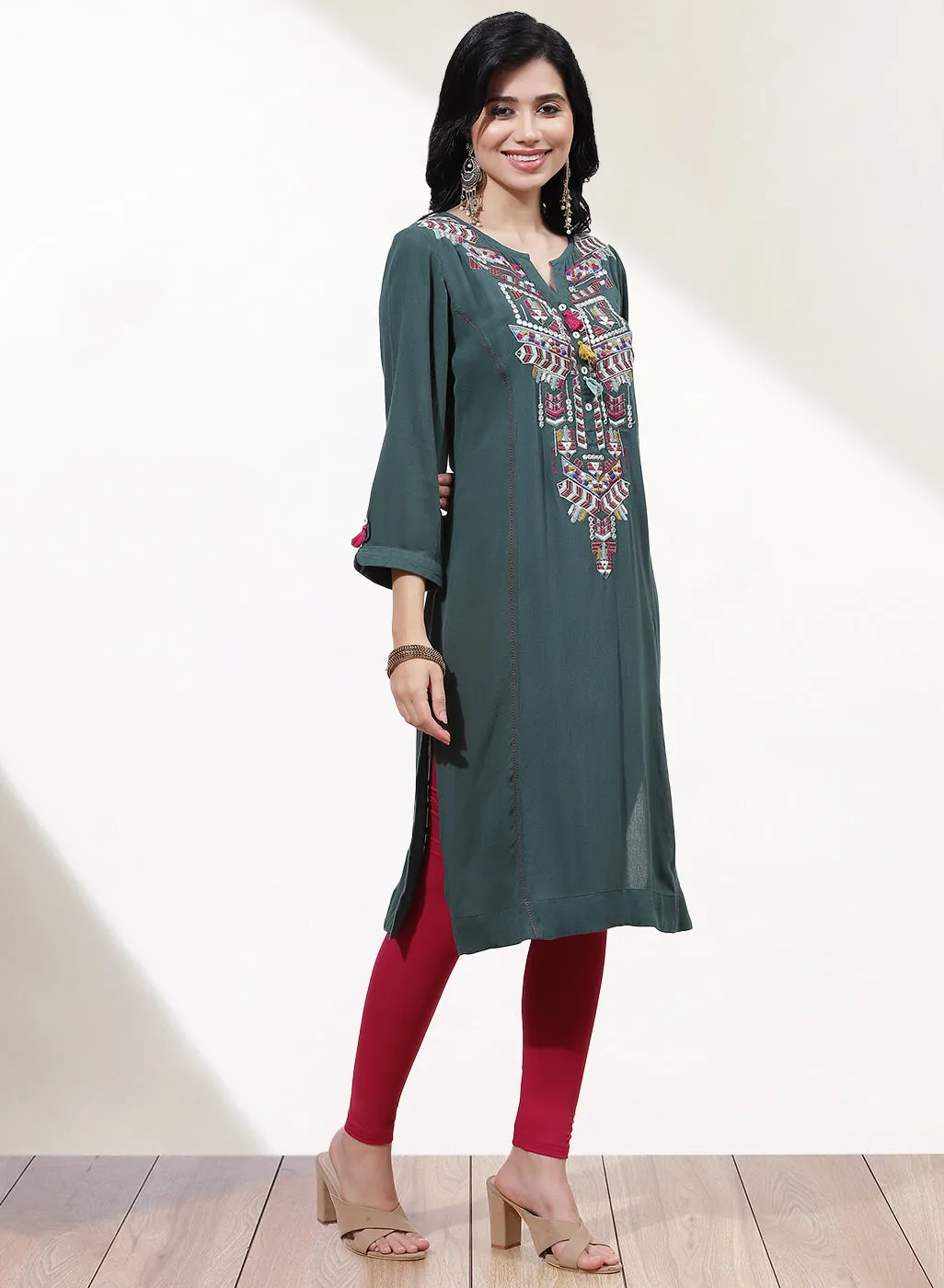 Green Alora Embroidered Kurti With Tassels