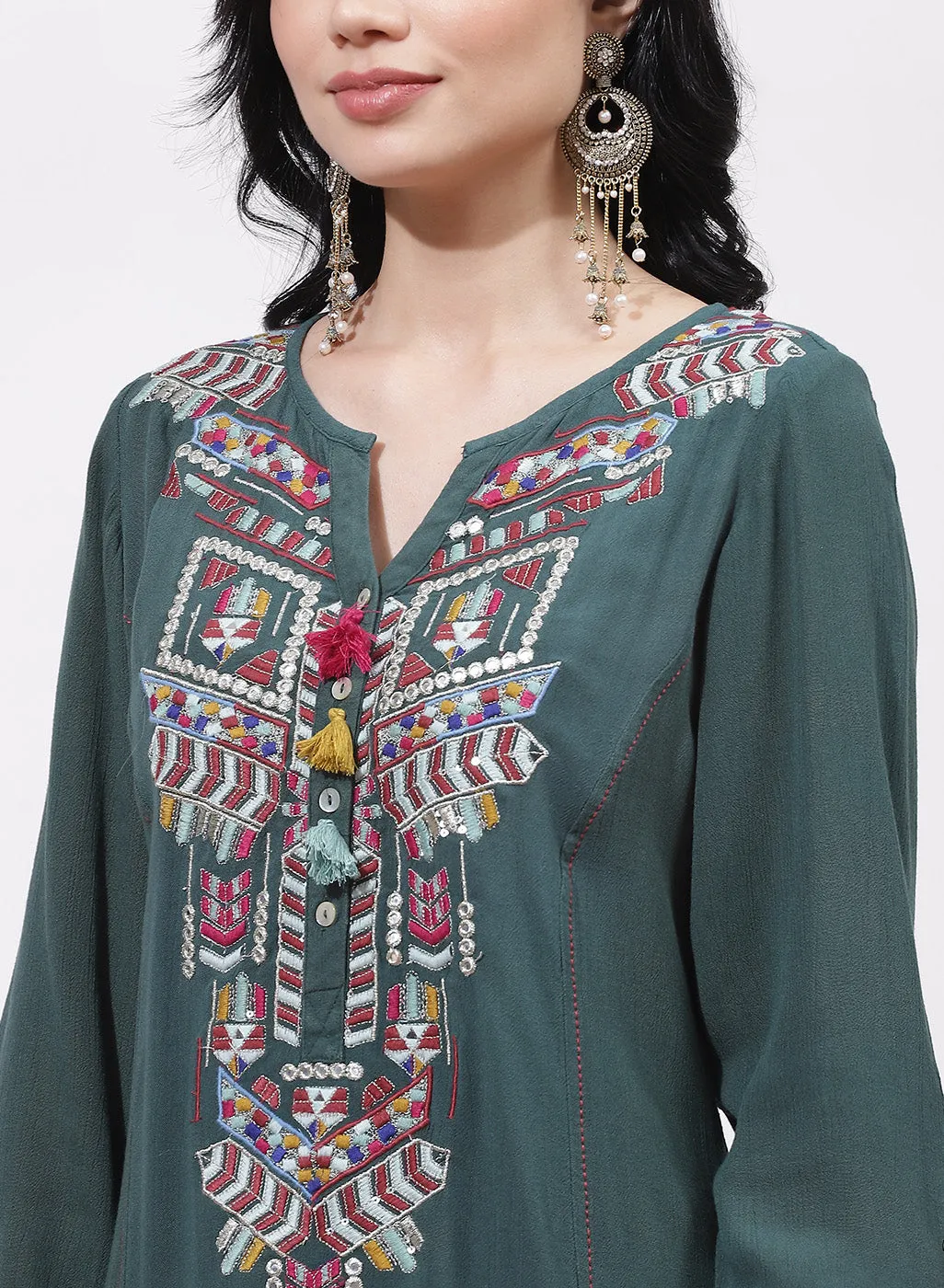 Green Alora Embroidered Kurti With Tassels