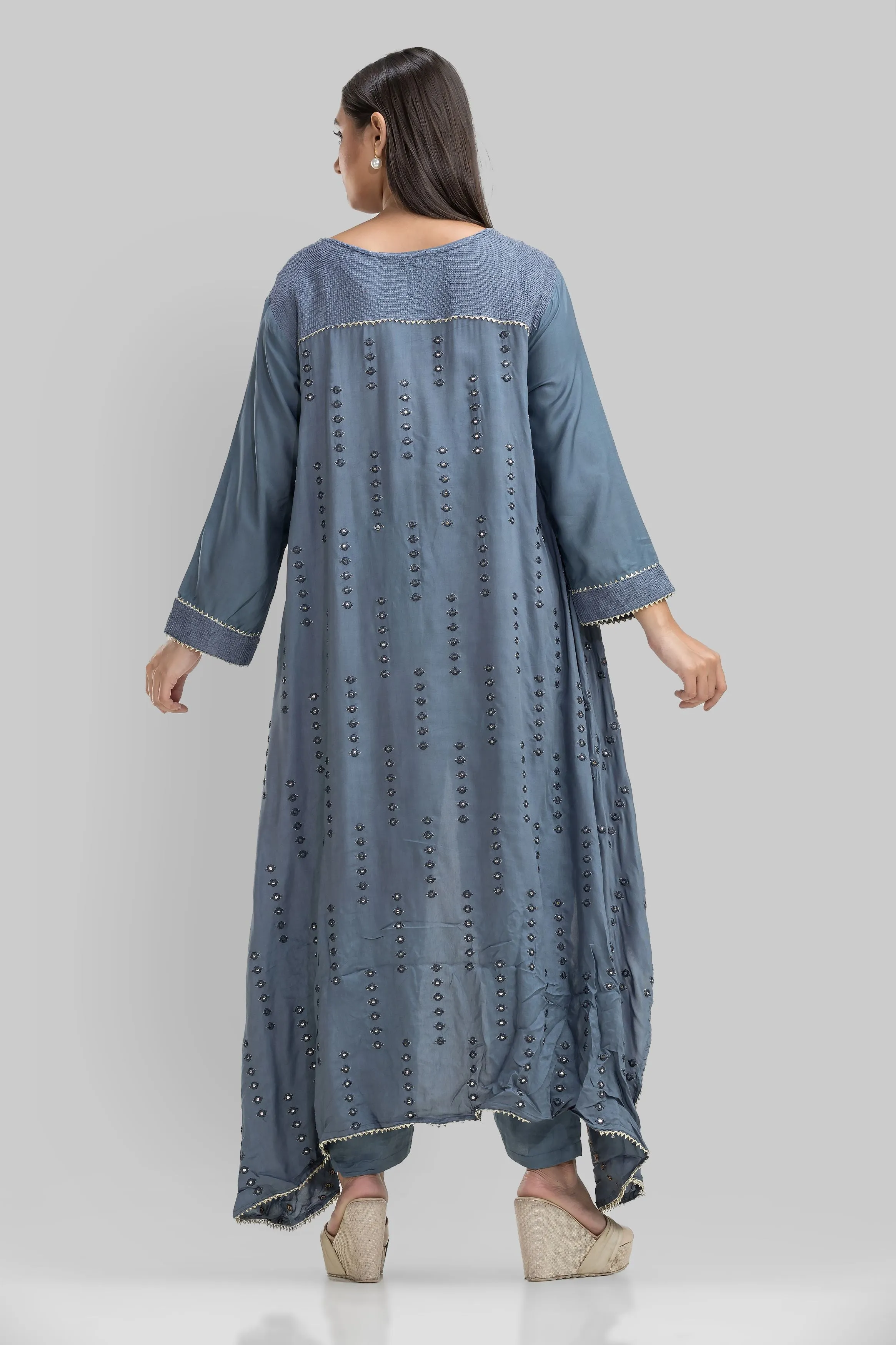 Grey Embroidered Muslin Silk Kurta Set