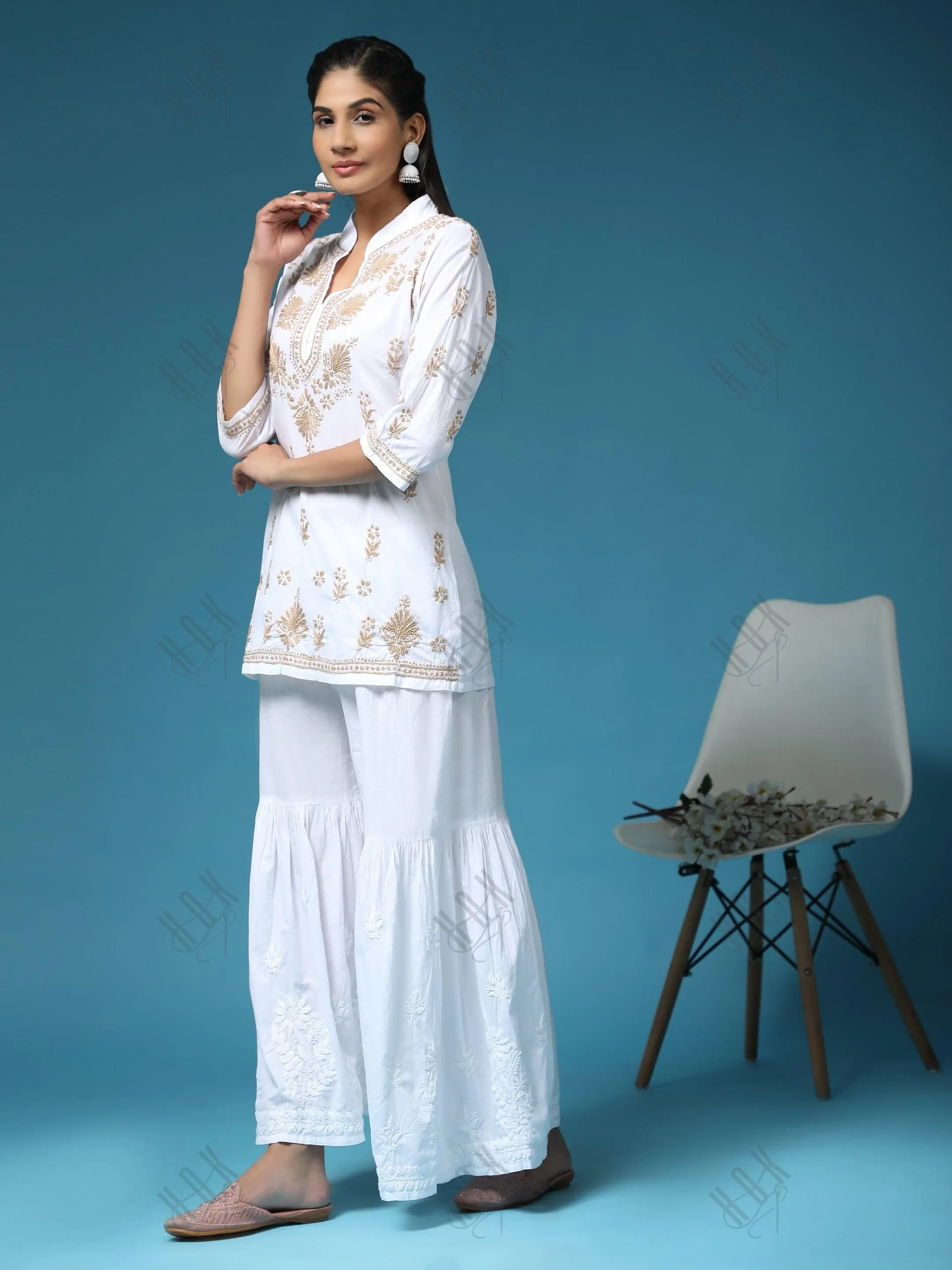 Hand Embroidery Chikankari Printed Short Cotton Tunics-White With Golden